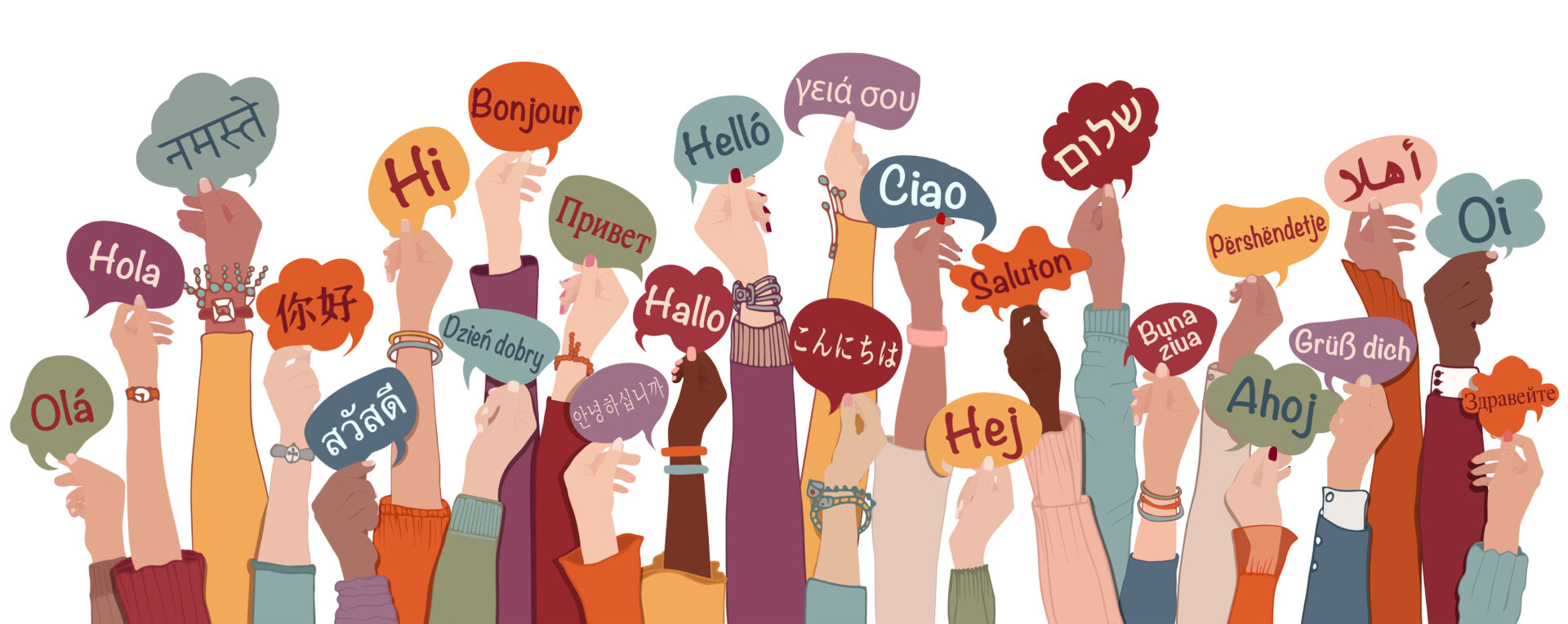 Many arms and hands holding speech bubble. Agreement or affair b